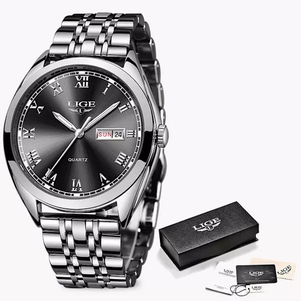 LIGE Damklockor Dam Top Märke Lyxklänning Vattentät Kvarts Watch Dam Rostfritt stål Datum Presentklocka reloj mujer Silver Black