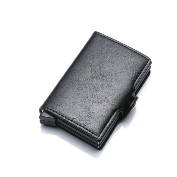 Nytt dubbla lager Anti RFID Män läder Kreditkortshållare Metall ID- case Aluminium Kortskydd Man Reseplånbok Black