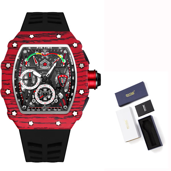 PINTIME Kampanj Rea Män Mode Sport Watch Kronograf Funktion Stoppur Röd gummirem Auto Date Man Lyx Armbandsur 1 with box