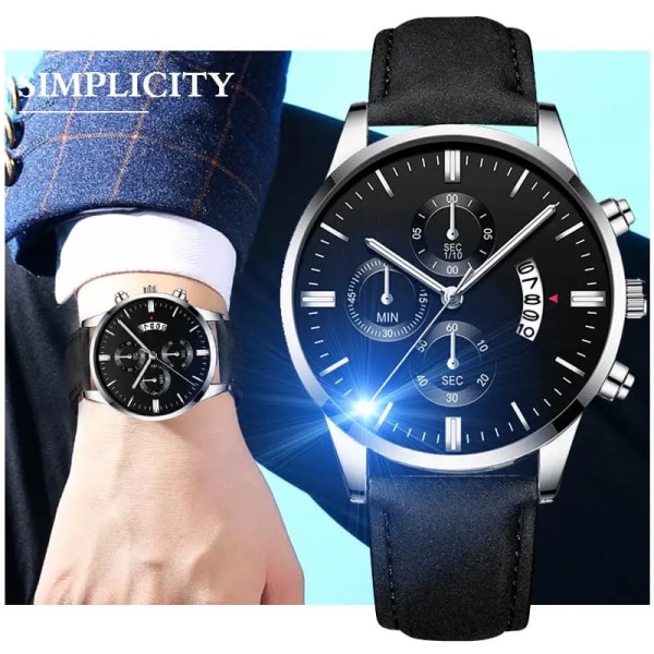 Män Case i rostfritt stål Läderarmband Watch Quartz Business Armbandsur Man Lyx Militär Klockor Kalender Man Watch Blue Black