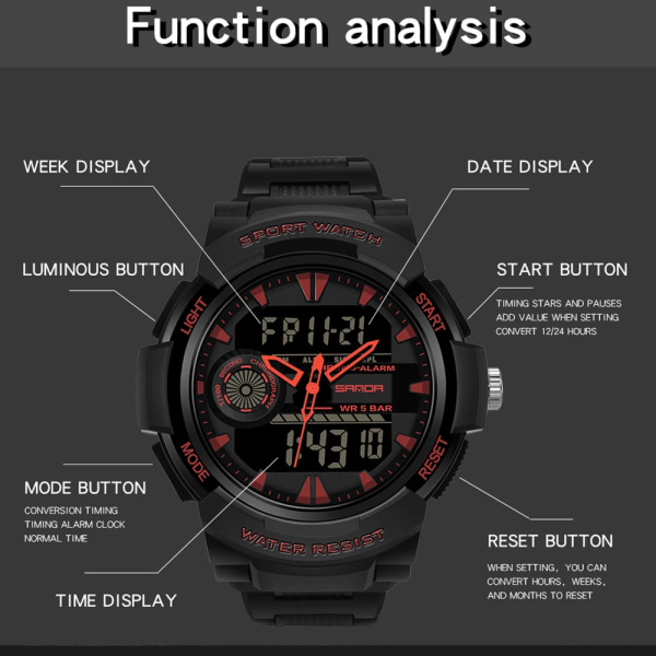 SANDA Sportklockor för män Multifunktionell Chronograph Vattentät armbandsur LED Digital Military Quartz Clock Relogio Masculino Rose