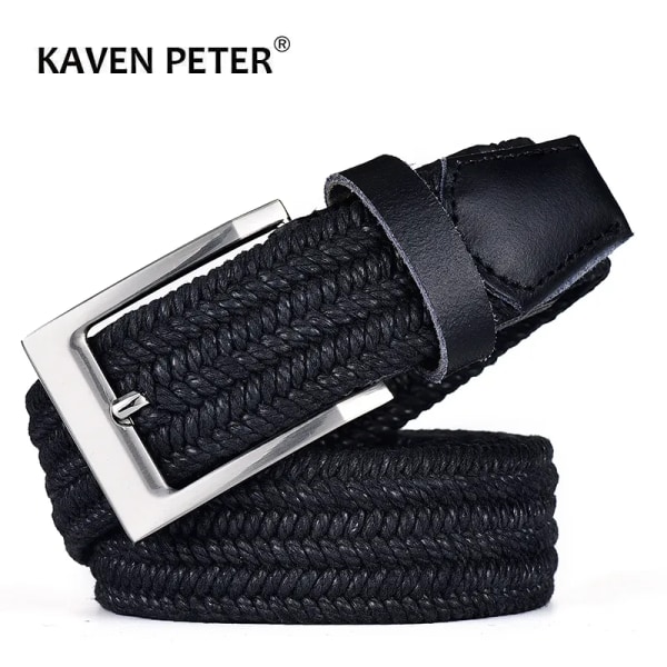 Läderbälte för män för elastiskt rep vax Canvas flätat vävt stretchbälte med lång midja 3,5 CM Cowskin Bälte Toppspets för män 95-160 CM Black 95CM
