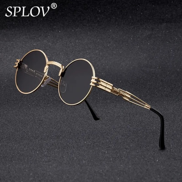 SPLOV New Fashion Retro Steampunk Runda metallsolglasögon för män och kvinnor Dubbla vårben Färgglada glasögon UV400 N2 Black Grey As the picture