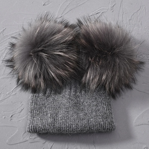 Dubbel Pompom-mössa för kvinnor, vintermössor, stickade mössor, mössor, beanies, flickor, två pompom-mössa Dark grey match fur
