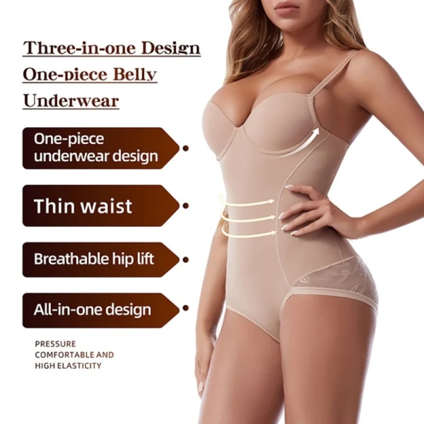 Full Body Shapewear Kvinnor Spets Djup V Body Kroppsformning Postpartum Magen Spännande Bälte BH Justerbar brösthållning black M