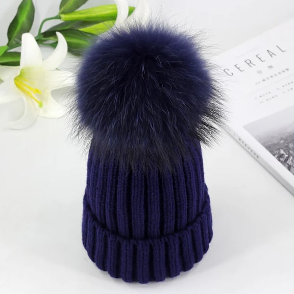 Vintermössa med Pompom i Mink och Ball Cap för Kvinnor och Flickor, Stickad Beanie, Helt Ny, Tjock Kvinnomössa, 50-54-60 cm Blue child 50-54CM