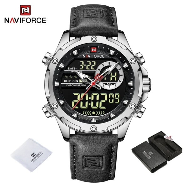 NAVIFORCE Lyxmärke Originalklockor För Herr Casual Kronograf Alarm Quartz Watch Läder Vattentät Klocka 9163 SBB BOX