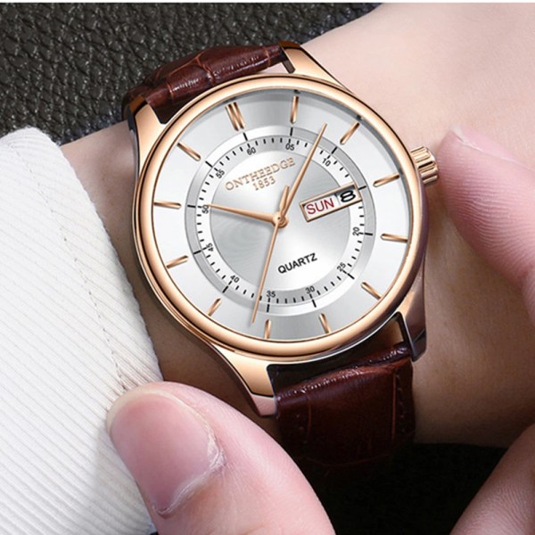 Hög kvalitet Rose Gold Urtavla Watch Män Läder Vattentäta Klockor Affärsmode Japan Quartz Rörelse Datum Man Klocka reloj Rose gold black