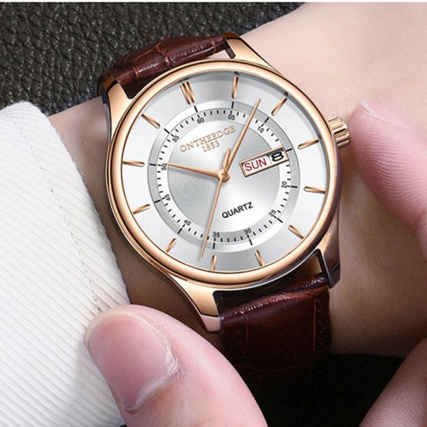 Hög kvalitet Rose Gold Urtavla Watch Män Läder Vattentäta Klockor Affärsmode Japan Quartz Rörelse Datum Man Klocka reloj Silver