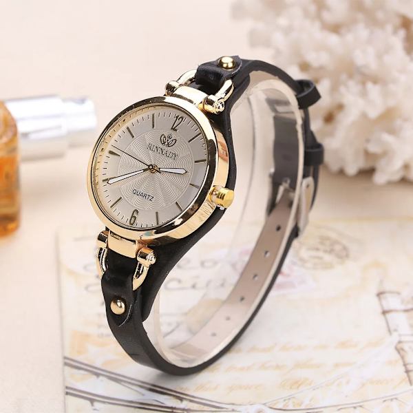 Mode Kvinnor Casual Rund Urtavla Nit PU Läderarmband Armbandsur Dam Analog Quartz Watch Presenter Tillbehör Black