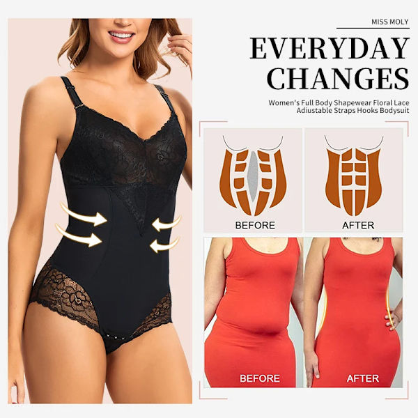 2XL Dam Spets Shapewear Body Korsett Bantning Kroppsformare Magkontroll Fajas Colombianas Waist trainer Bantningsunderkläder Black M