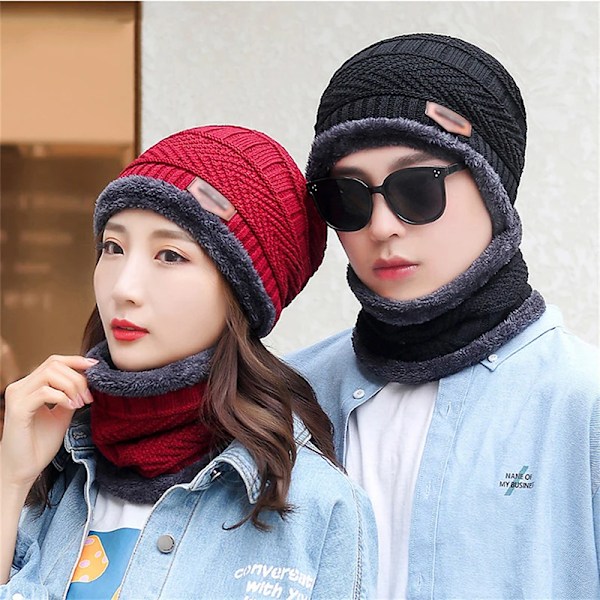Ny Stickad Fleece Halsduk Vinterhatt Mjuk Herr Och Dam Beanie Varm Hatt Tjockare Plus Sammet Lös Vinterhatt Med Halsduk CF1