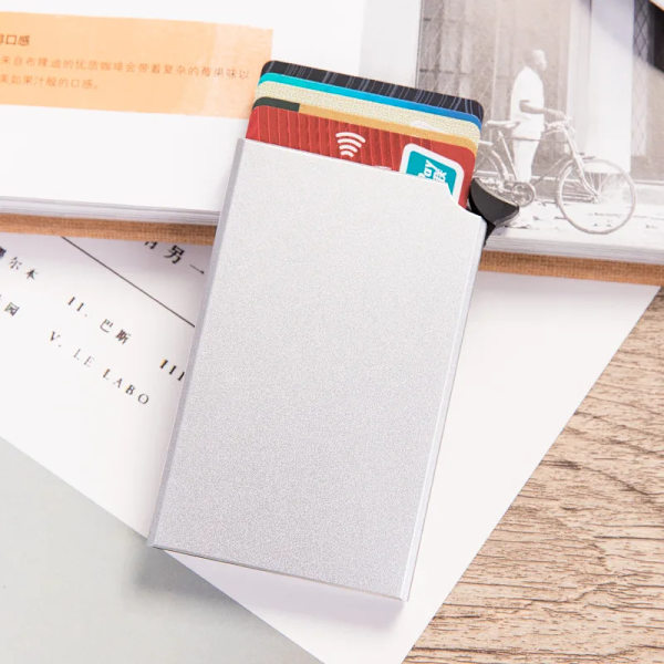 Aluminium Korthållare Metall Män kreditkortshållare Rfid Blockering Mini Slim Plånbok Automatisk Pop up Case Protector Silvery
