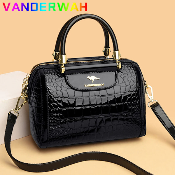 Lyxiga handväskor i lack för kvinnor Designer Krokodilmönster Damaxelväska Crossbody-väska Nya Messenger-väskor för damer Black
