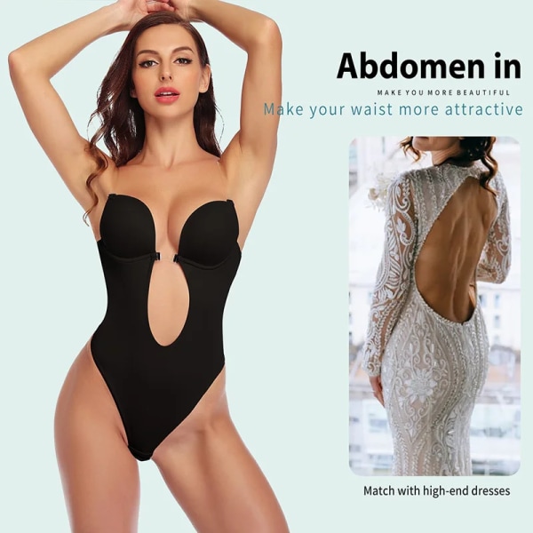Sexig Djup V-hals Rygglös Body Shaper BH Body String String Shapewear Dam Naken Svart Osynlig Magkontroll Underkläder Bröllop White M