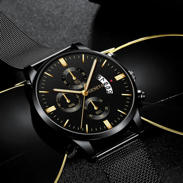 2023 Herrmode Business Kalender Klockor Herr Lyx Blå Rostfritt stål Mesh Bälte Analog Quartz Watch relogio masculino Black Rose Gold