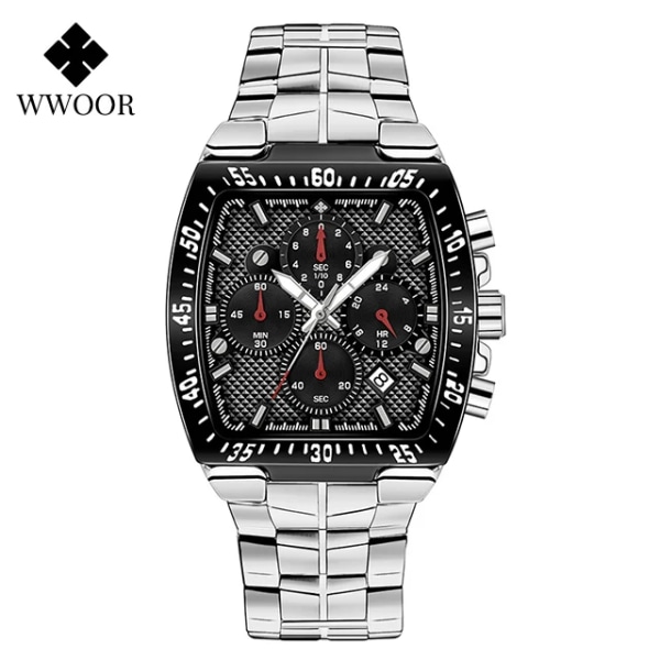 WWOOR Herr Kronograf Sportklockor För Herr Mode Fyrkantiga Toppmärke Lyx Rostfritt Stål Vattentät Watch Reloj Hombre White black