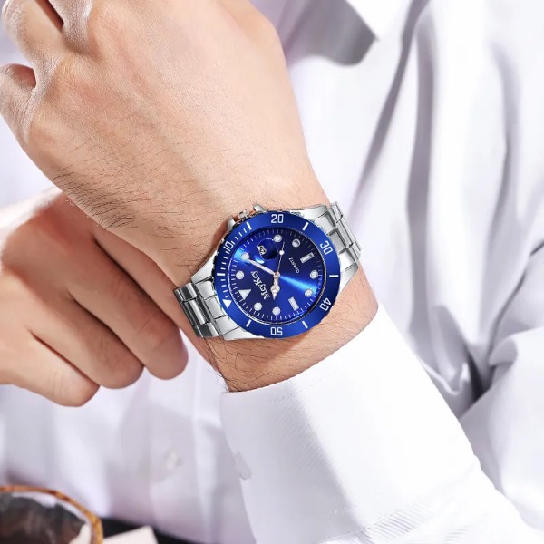 Lyx TOP Märke Watch Silver Rostfritt Stål Business Lysande Kalender Vattentät Digital Herr Quartz Armbandsur Relogio Blue