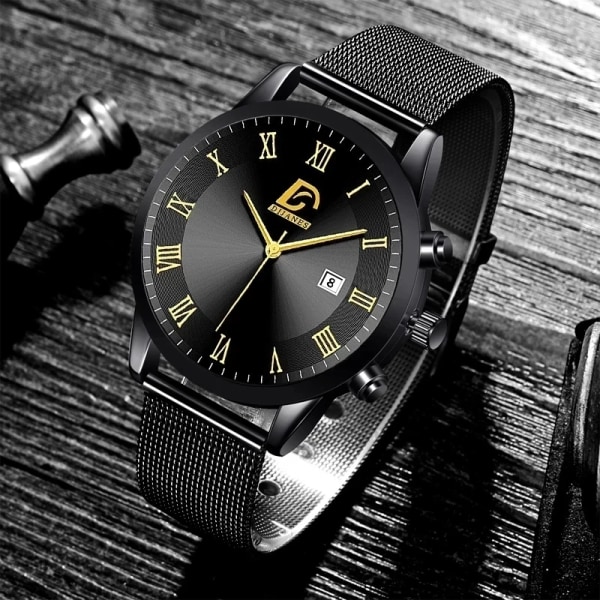 Mode för män Minimalistiska klockor Lyxiga rostfritt stål Mesh bälte Quartz Watch Herr Business Casual Watch relogio masculino Leather Black Black