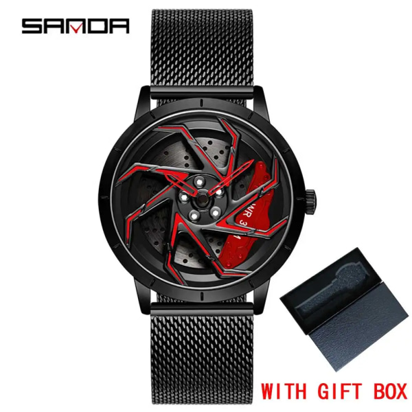 Mode Hot Sell Bilfälg Herr Klockor Rostfritt stål Vattentät watch 360 graders roterande hjul Fälgskiva Quartz Armbandsur Mesh black red box