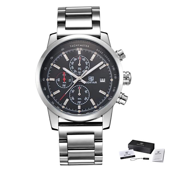 BENYAR Mode Chronograph Sport Herrklockor Toppmärke Lyx Quartz Watch Reloj Hombre saat Klocka Man timme relogio Masculino Steel Black
