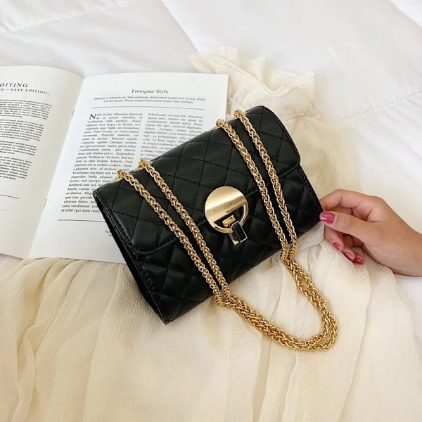 damväskor ny ankomst mode dam axelväska pu material diamant gitter kedjor crossbody väska svart röd färg Black