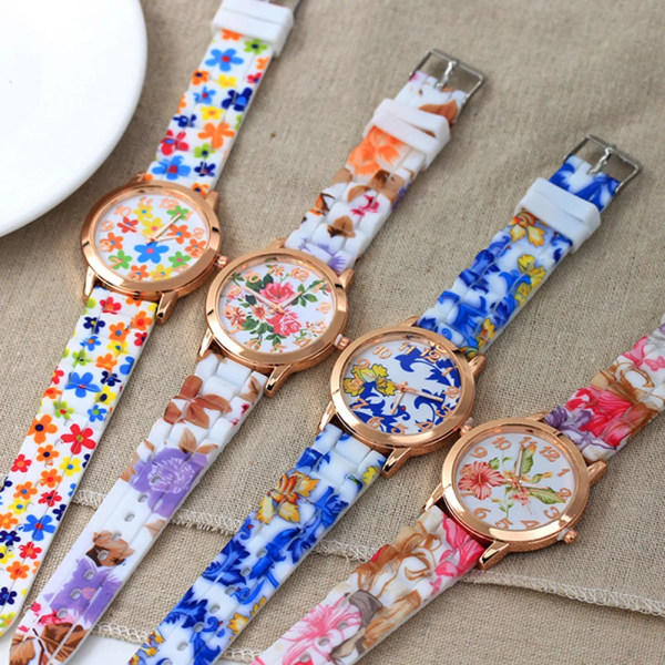 Mode Printed Silikonarmband Klocka Kvarts Watch Kvinnor Blommönster Flerfärgat Armbandsur orologio donna reloj A