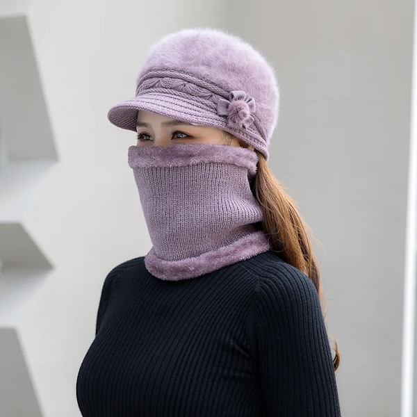 Ny vintermössa Tjock varm stickad mössa Halsduk Vantar 3-delars set för kvinnor Elegant blommig basker Utomhus Skidåkning Ridhjälm purple 2pc