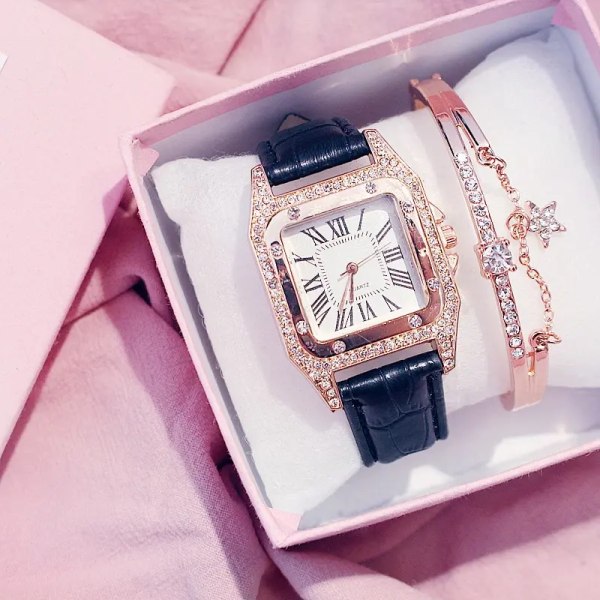 2st Set Dam Watch Starry Square Urtavla Armband Klockor Set Dam Läderband Quartz Armbandsur Kvinnlig klocka Red