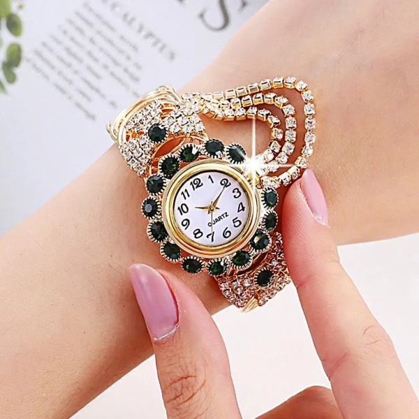 Rhinestone Quartz Watch Shiny Fashion Stable Performance Armband Watch för vardagen Green 2