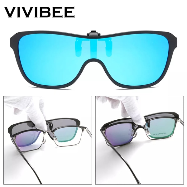 VIVIBEE 2023 Cool Flip Up Clip On Solglasögon Polarized TR90 Photochromic Driving Square Oversized UV400 Fishing Solglasögon 3 Mirror Blue with case