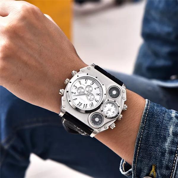 OULM Watch Herr Kvarts Sport Läderarmband Klockor Big Dial Military Armbandsur Herrklocka Kompass Dekoration reloj hombre 2022 C1(With box)