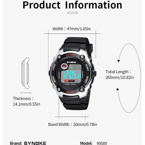 SYNOKE Elektronisk watch för män Watch Multifunktion Militärsport Vattentät Lysande LED Digital Studentmode blue