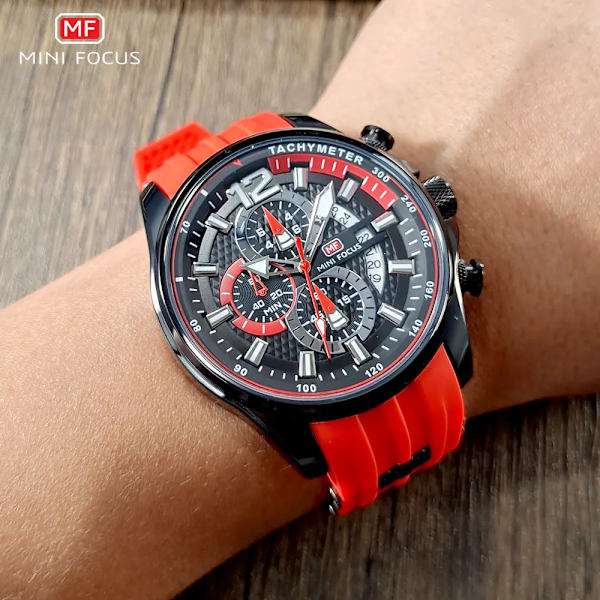 MINI FOCUS Röd watch för män Mode Lyx Chronograph Quartz Armbandsur med silikonband Lysande visare Datum Vattentät 0350 0350Rose black