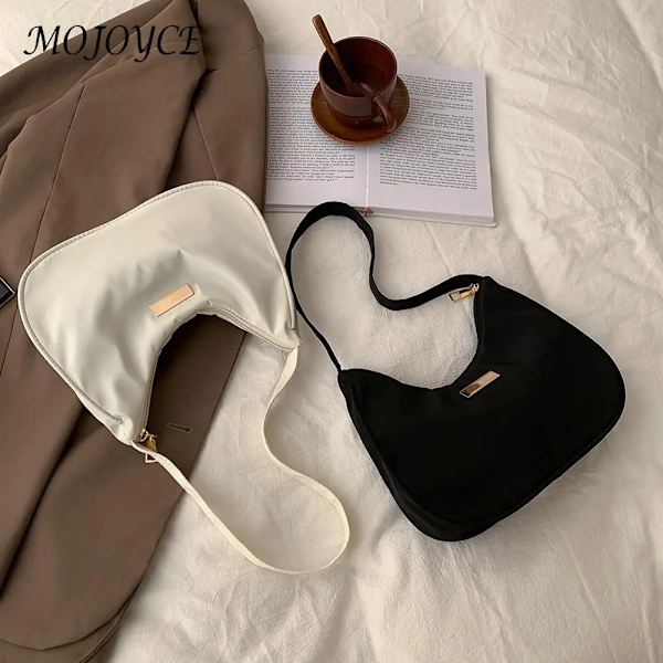 Dam Nylon Enfärgad Axelväska Dragkedja Liten Crescent Messenger Handväskor Lyx Designer Handväska Retro Dam Axelväskor White(.175)