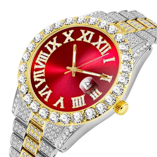 Iced Out Watch Herr Lyx Märke Full Diamond Herrklockor AAA CZ Quartz Watch Vattentät Hip Hop Man Klocka Present För Herr Red