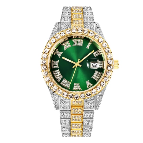Lyx Herr Watch Guld Rostfritt stål Diamantremskalender Roman Digital Watch Herr Armbandsur Herr Hip Hop Armbandsur V1278-2