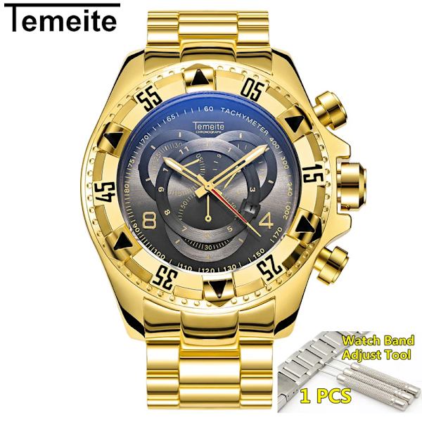 Temeite Golden Watch Herr Lyxmärke Big Dial Guld Herr Armbandsur Vattentät Business Herr Watch Relogio Masculino 2021 gold black