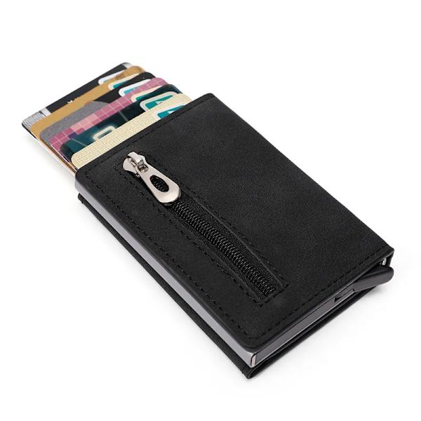 ZOVYVOL Herrplånbok RFID-korthållare Plånbok 2023 Stöldskyddande aluminiumlåda Korthållare PU Läder Pop Up Case Magnet Myntväska TVH-829-Black