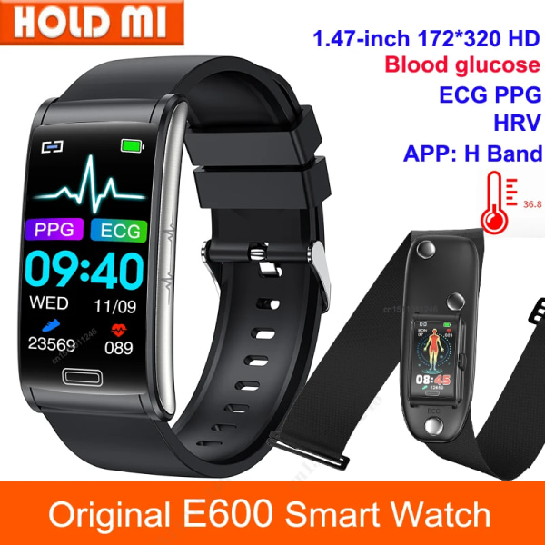 Ny E600 EKG Smart Watch Herr Icke-invasiv Blodsocker Puls Blodtrycksmätare Sportsteg Smartwatch Dam Android add silica black(.1230)