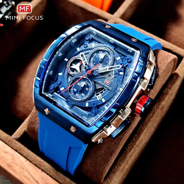 MINI FOCUS Sport Chronograph Watch för män Mode blå silikonrem Tonneau Dial Armbandsur med datum 3atm Vattentät 0399Red-Box