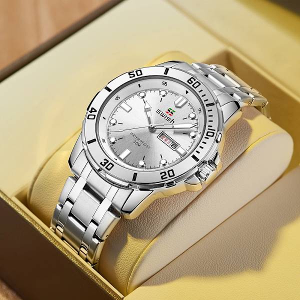 Mode Herrsportklockor Lyxiga rostfria watch Dubbelkalender Silver Guld Man Clock Relogio Masculino Blue Silver White