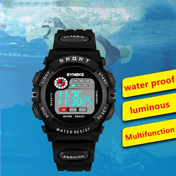 SYNOKE Men Sport Watch Multifunktion Militär Vattentät Lysande LED Digital Kids Big Dial Student Boy Samurai Black