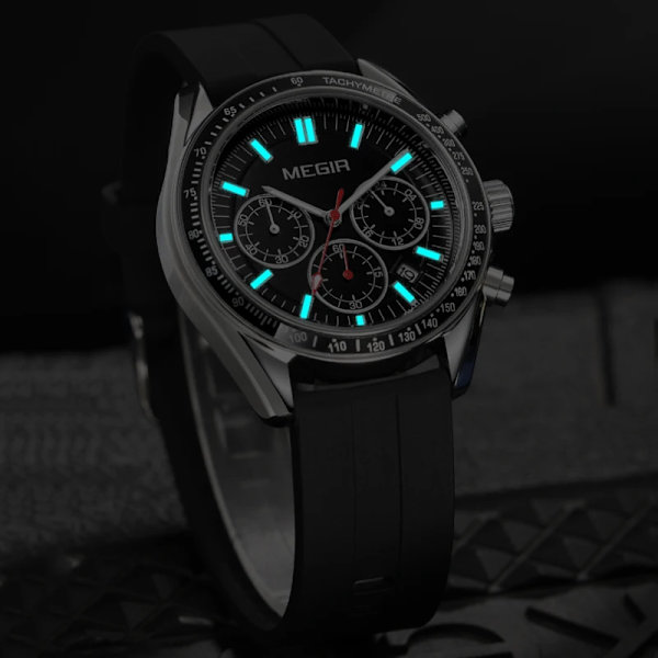 MEGIR Chronograph Quartz klockor för män Militär sport Vattentät herrarmbandsur med silikonrem Auto Date Lysande händer Black White