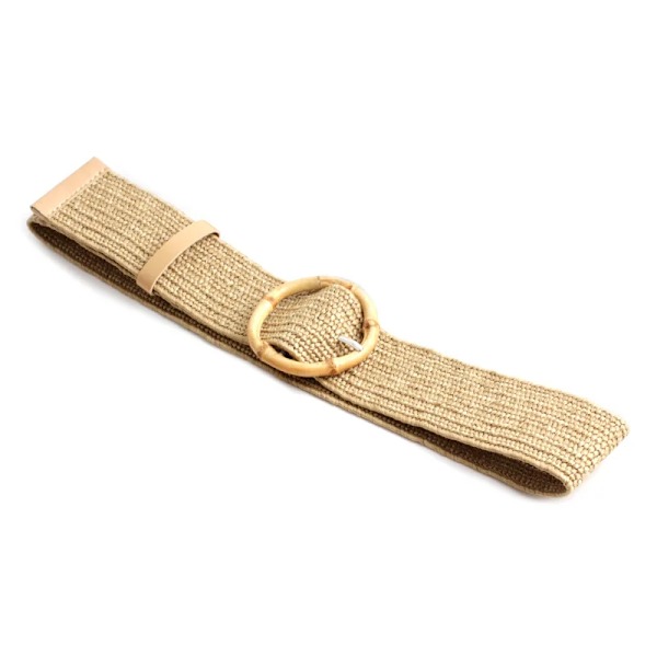 Kvinnor brett flätat elastiskt bälte för klänning Runt bambuspänne Casual mode gördel trä Jade spänne falskt halm midjeband C 95cm