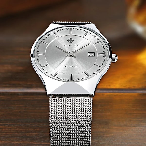 WWOOR Silver Herrklockor med Mesh Stål Topp Märke Lyx Ultra Tunn Kvarts Vattentät Date Business Armbandsur Box Montre Homme silver blue box