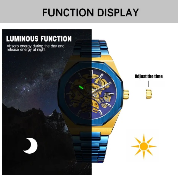 FORSINING Klockor Herr Vattentät rostfritt stål Automatisk kedja Armbandsur Skelett Mekanisk Watch Relogio Masculino Black Silver