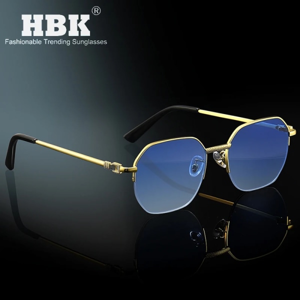 HBK New Square Half Frames Solglasögon Män Mode Metall Lyxig varumärkesdesign Glasögon för kvinnor Högkvalitativa Glasögon Män C01 Gold Blue As Photos Showing