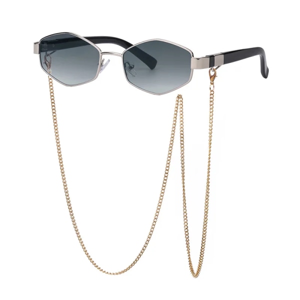 Punksolglasögon med glasögonkedja Märkesdesigner Retro solglasögon Kvinnor Unika polygonglasögon manlig nyans Oculos De Sol D2 chain sunglasses Other
