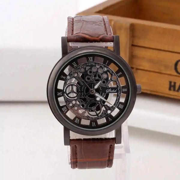 2020 Herrklockor Mode Transparent Hollow Klockor Läderband Quartz Armbandsur Kampanjpris Reloj Hombre black blue